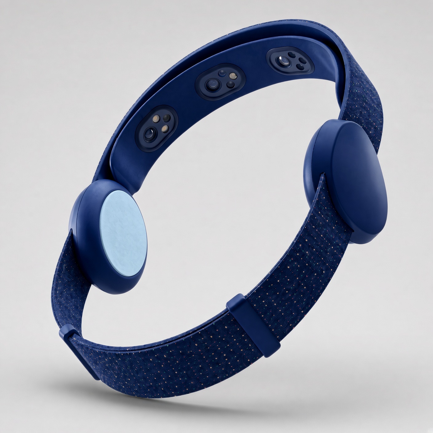 A future OAK headband in blue with brain-activity sensors along the inside of the band